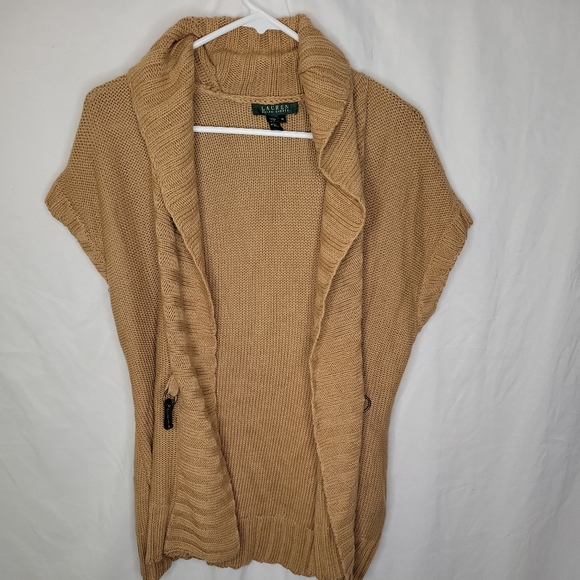 Ralph Lauren Sweater Womens Large Tan Vest Cardigan Linen Blend Buckle Size Med - Picture 4 of 5